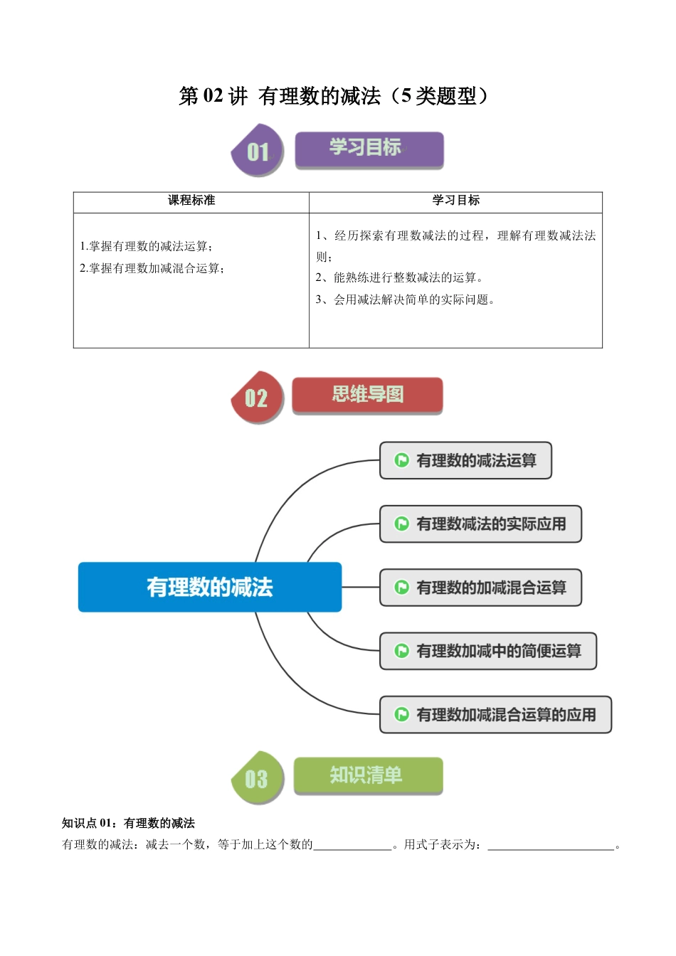 初中七年级数学上册-第02讲 有理数的减法（5类题型）（含解析）.docx_第1页