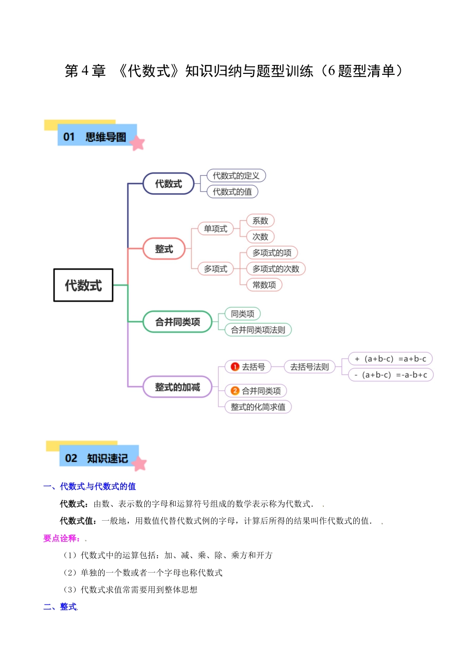 初中七年级数学上册-第4章 代数式知识归纳与题型训练（6类题型清单）（无答案）.docx_第1页