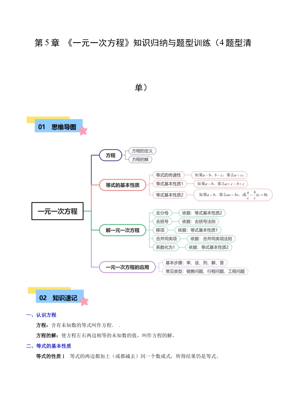 初中七年级数学上册-第5章 一元一次方程知识归纳与题型训练（4类题型清单）（含解析）.docx_第1页