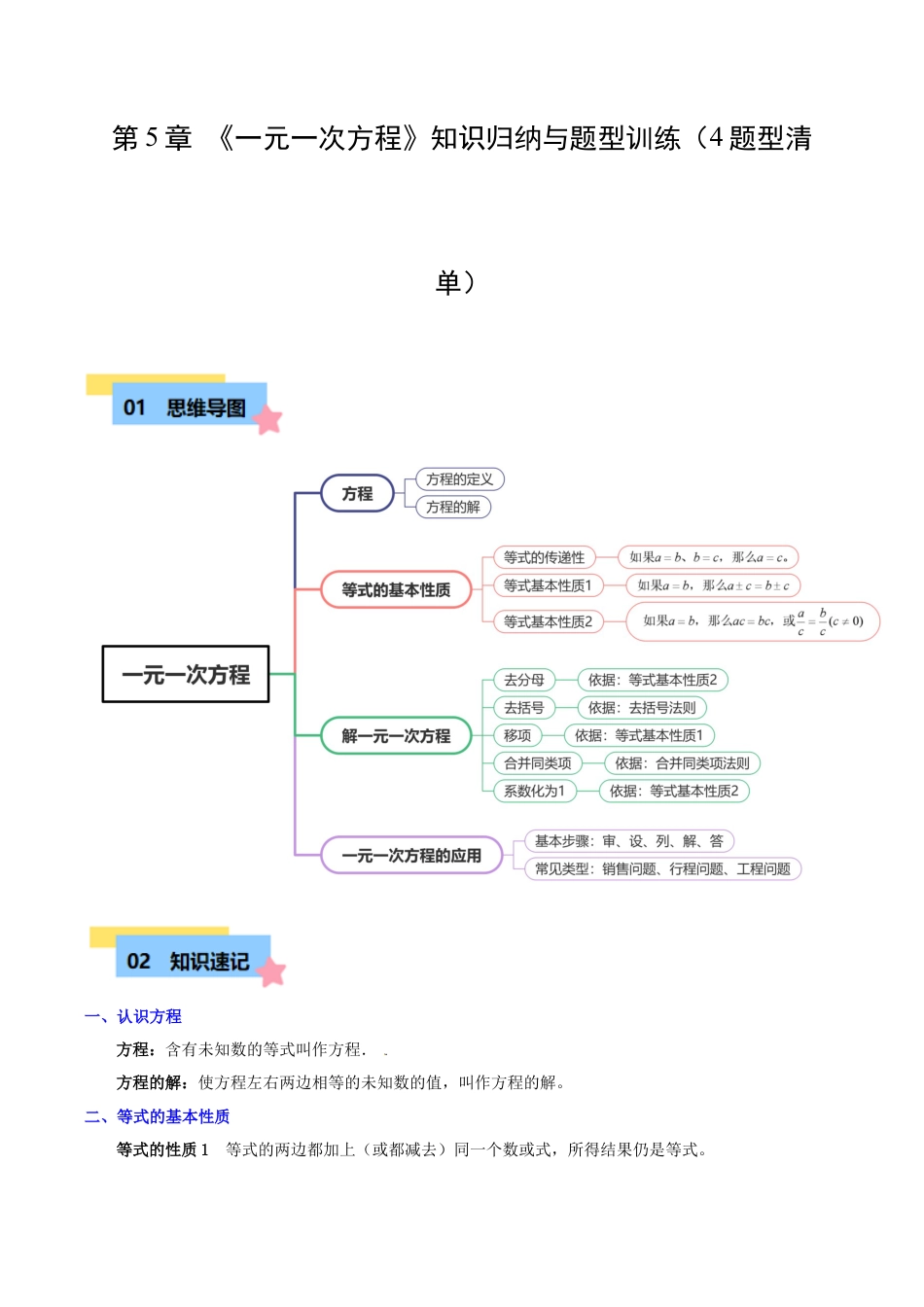 初中七年级数学上册-第5章 一元一次方程知识归纳与题型训练（4类题型清单）（无答案）.docx_第1页