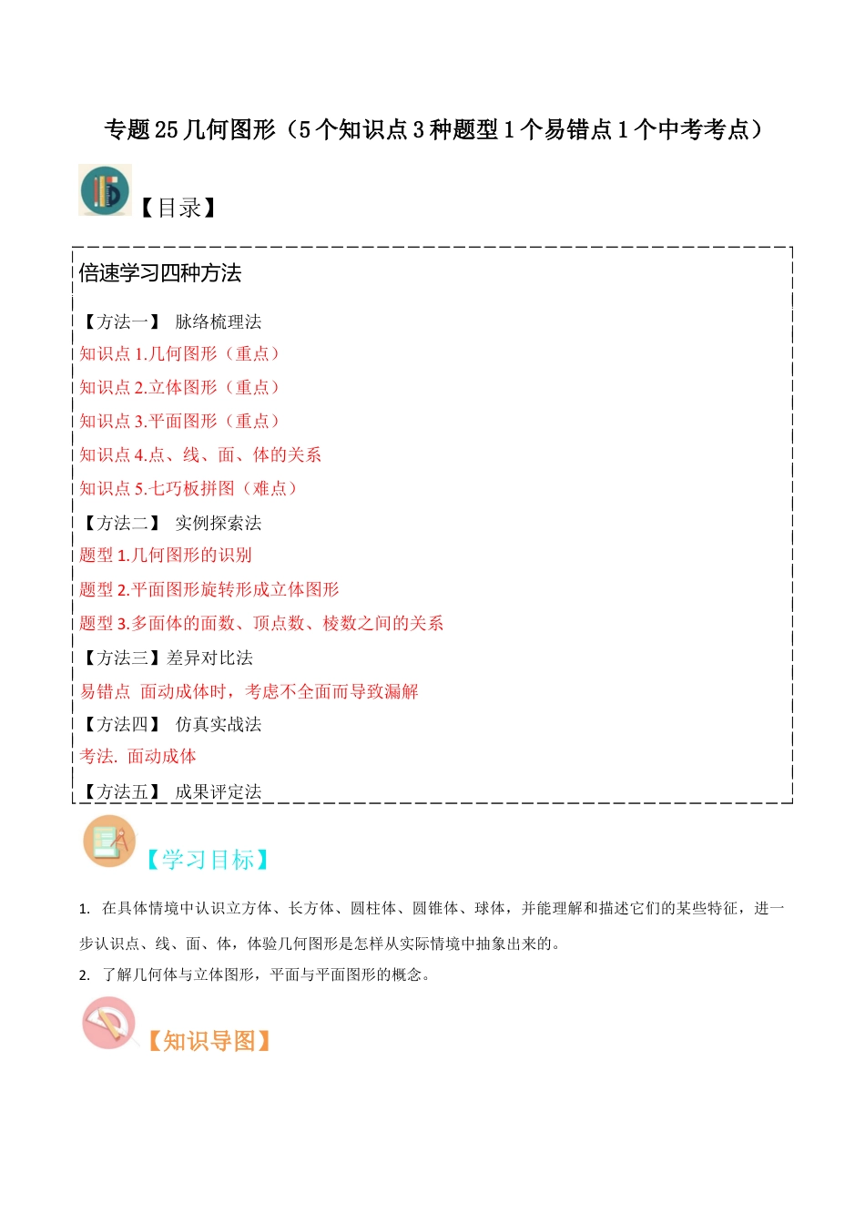 初中七年级数学上册-专题25几何图形（5个知识点3种题型1个易错点1个中考考点）（无答案）.docx_第1页