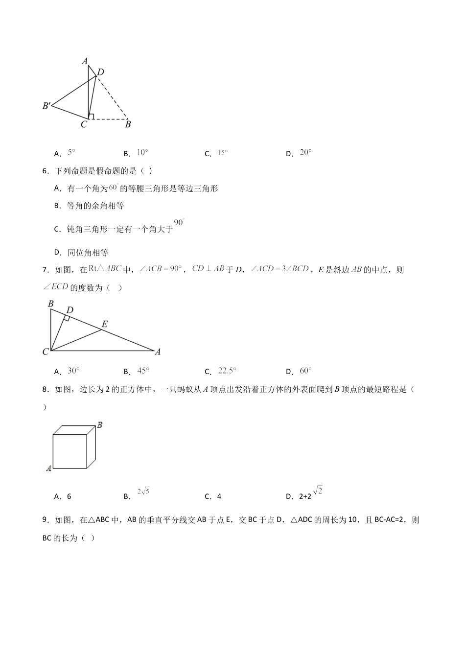 八年级上学期第一次月考卷考试范围：三角形的初步知识、特殊三角形（无答案）.docx_第2页