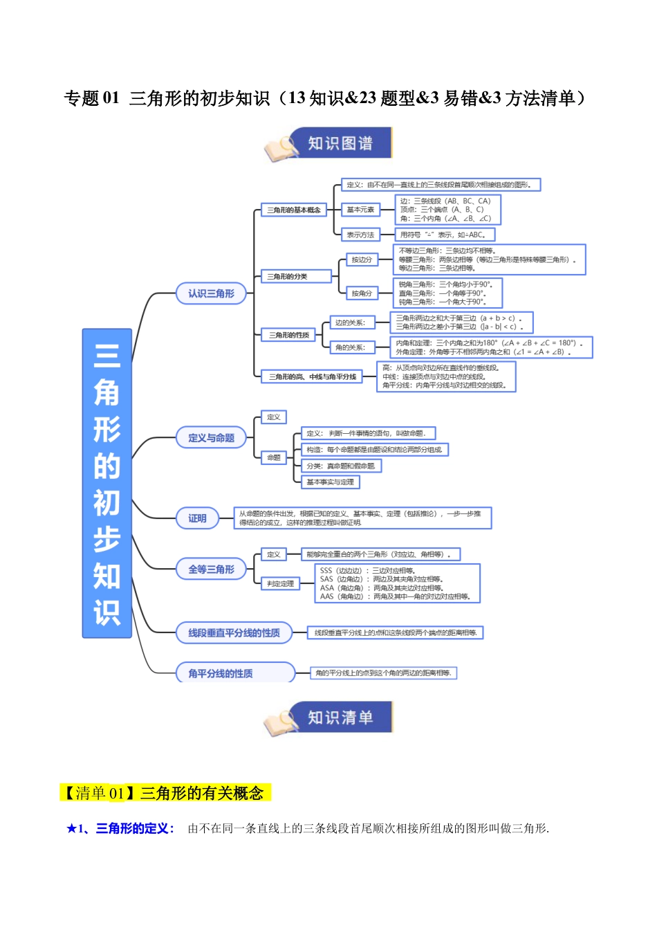 初中数学八年级上册2026年期末复习系列-专题01 三角形的初步知识（期中知识清单）（无答案）.docx_第1页