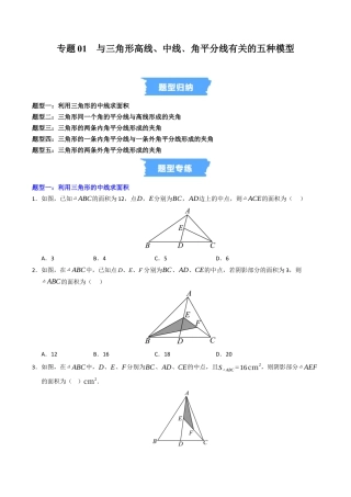 初中数学八年级上册2026年期末复习系列-专题01 与三角形高线、中线﹑角平分线有关的五种模型（高效培优专项训练）（无答案）.docx