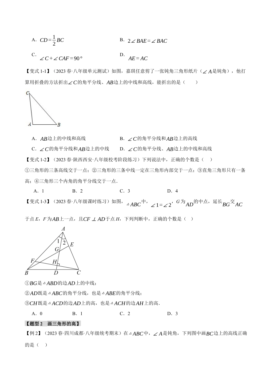 初中数学八年级上册2026年期末复习系列-专题1.2 三角形的高、中线、角平分线（七大题型）（举一反三）（无答案）.docx_第2页