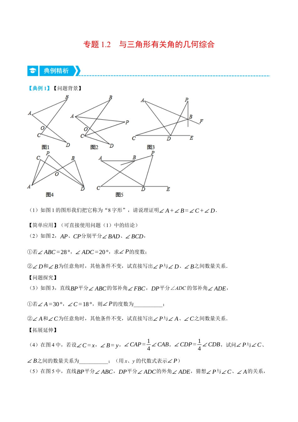 初中数学八年级上册2026年期末复习系列-专题1.2 与三角形有关角的几何综合（压轴题专项讲练）（解析版）.docx_第1页