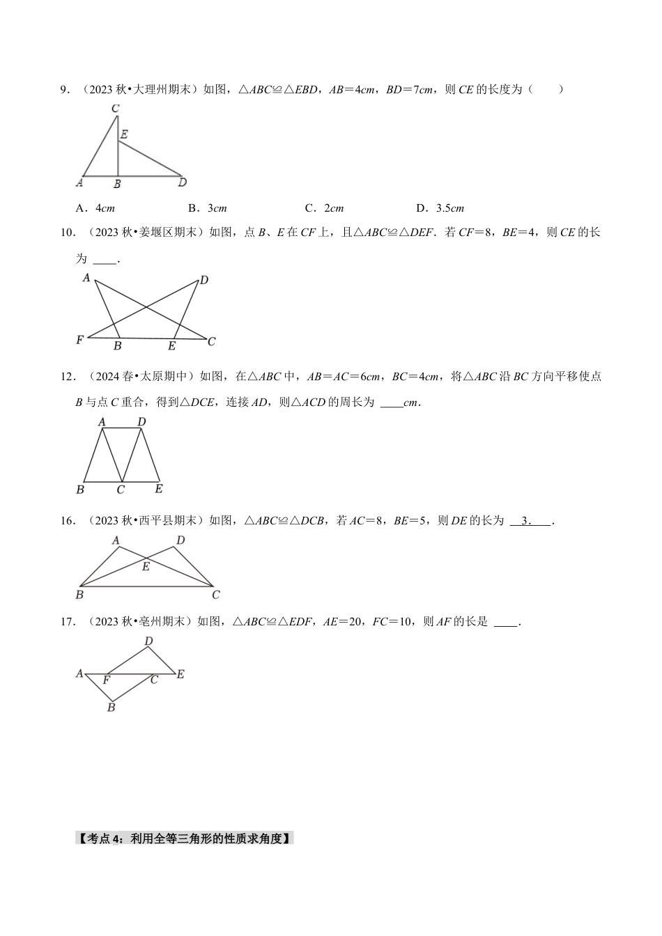 初中数学八年级上册2026年期末复习系列-专题1.3 全等图形和全等三角形的性质（4个考点2个易错点）（题型专练+易错精练）（无答案）.docx_第3页