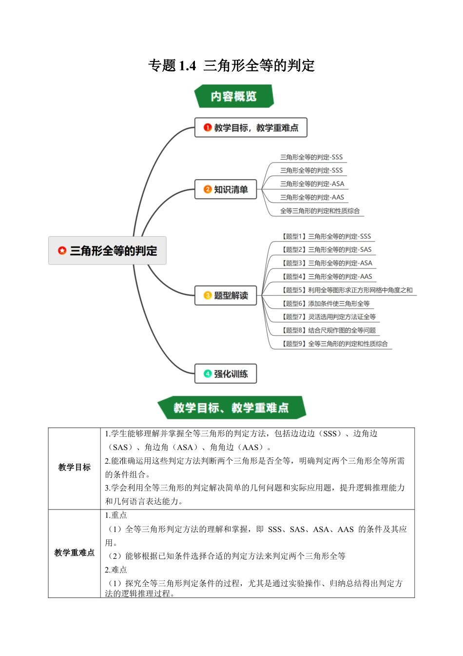 初中数学八年级上册2026年期末复习系列-专题1.4 三角形全等的判定（高效培优讲义）（无答案）.docx_第1页