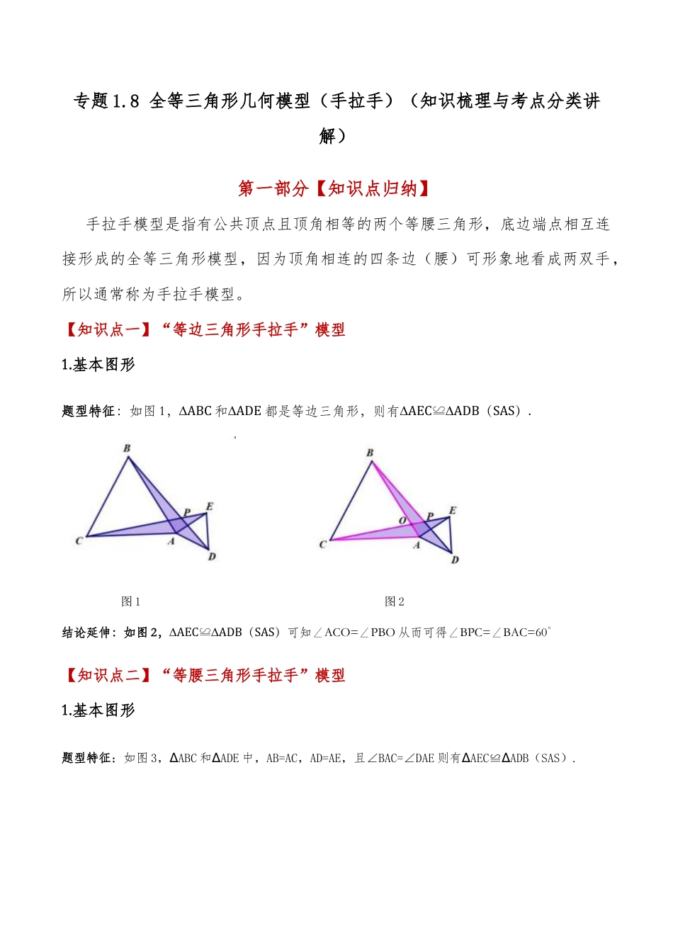 初中数学八年级上册2026年期末复习系列-专题1.8 全等三角形几何模型（手拉手）（知识梳理与考点分类讲解）（解析版）.docx_第1页
