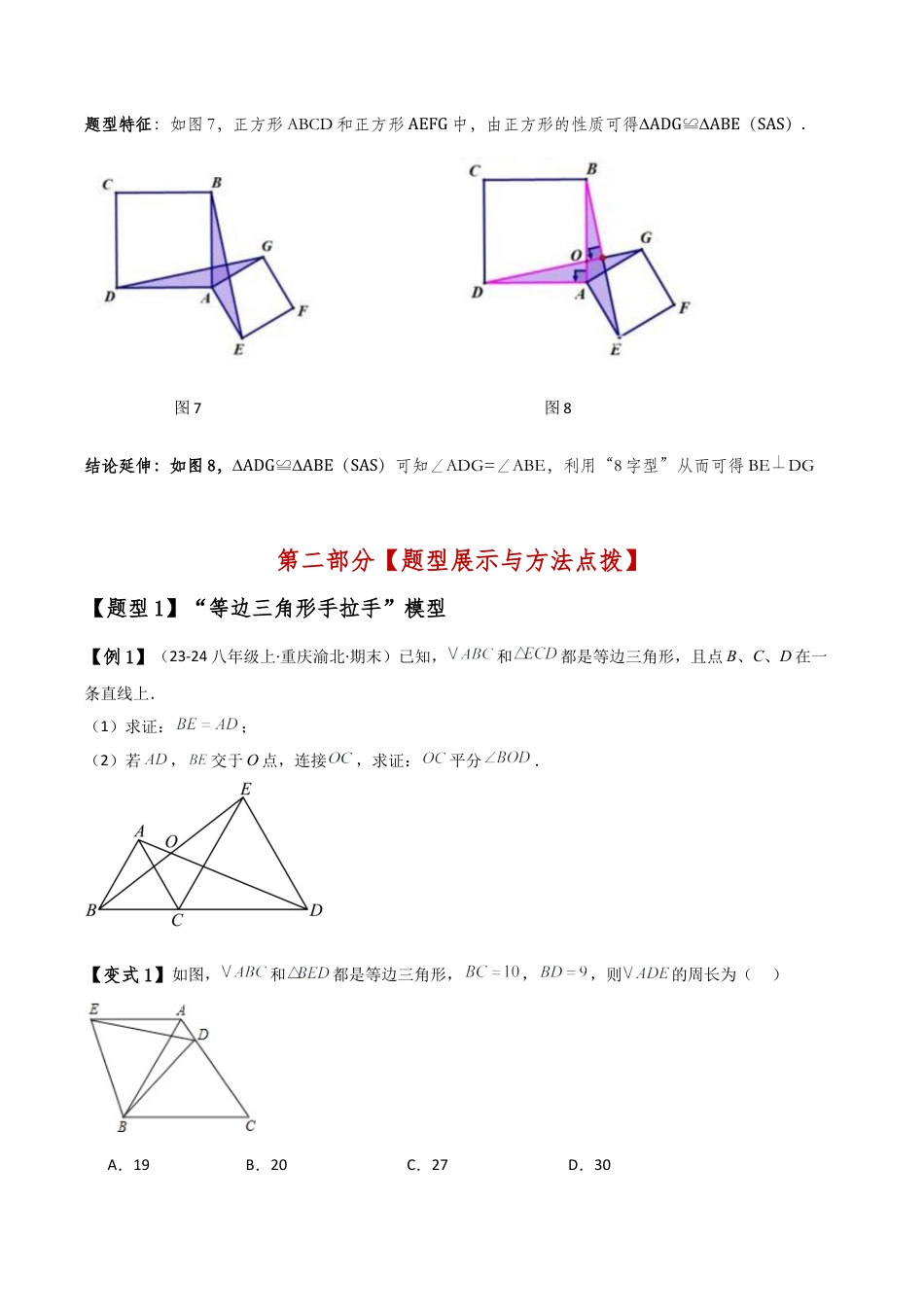 初中数学八年级上册2026年期末复习系列-专题1.8 全等三角形几何模型（手拉手）（知识梳理与考点分类讲解）（无答案）.docx_第3页