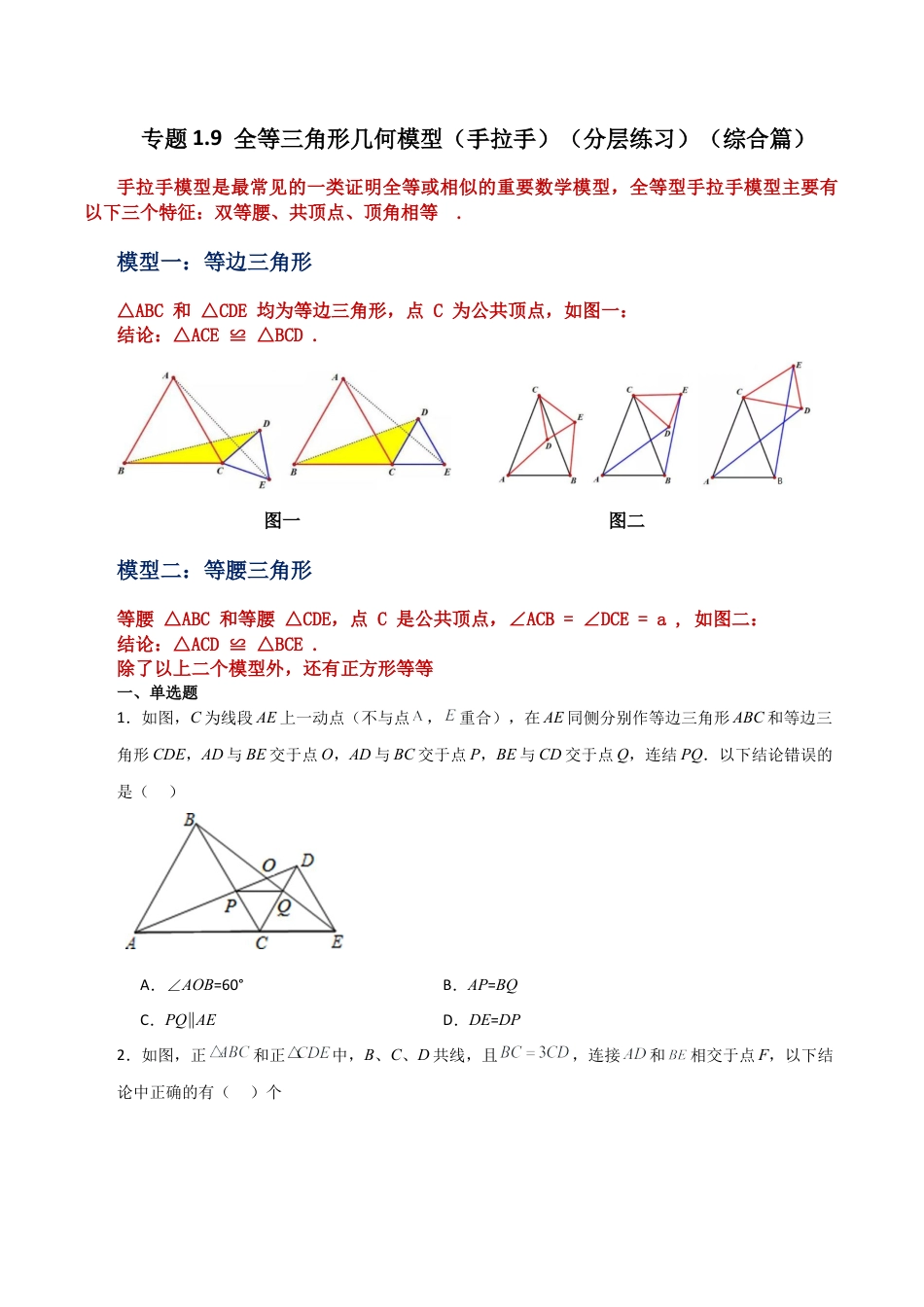 初中数学八年级上册2026年期末复习系列-专题1.9 全等三角形几何模型（手拉手）（分层练习）（综合篇）-.docx_第1页
