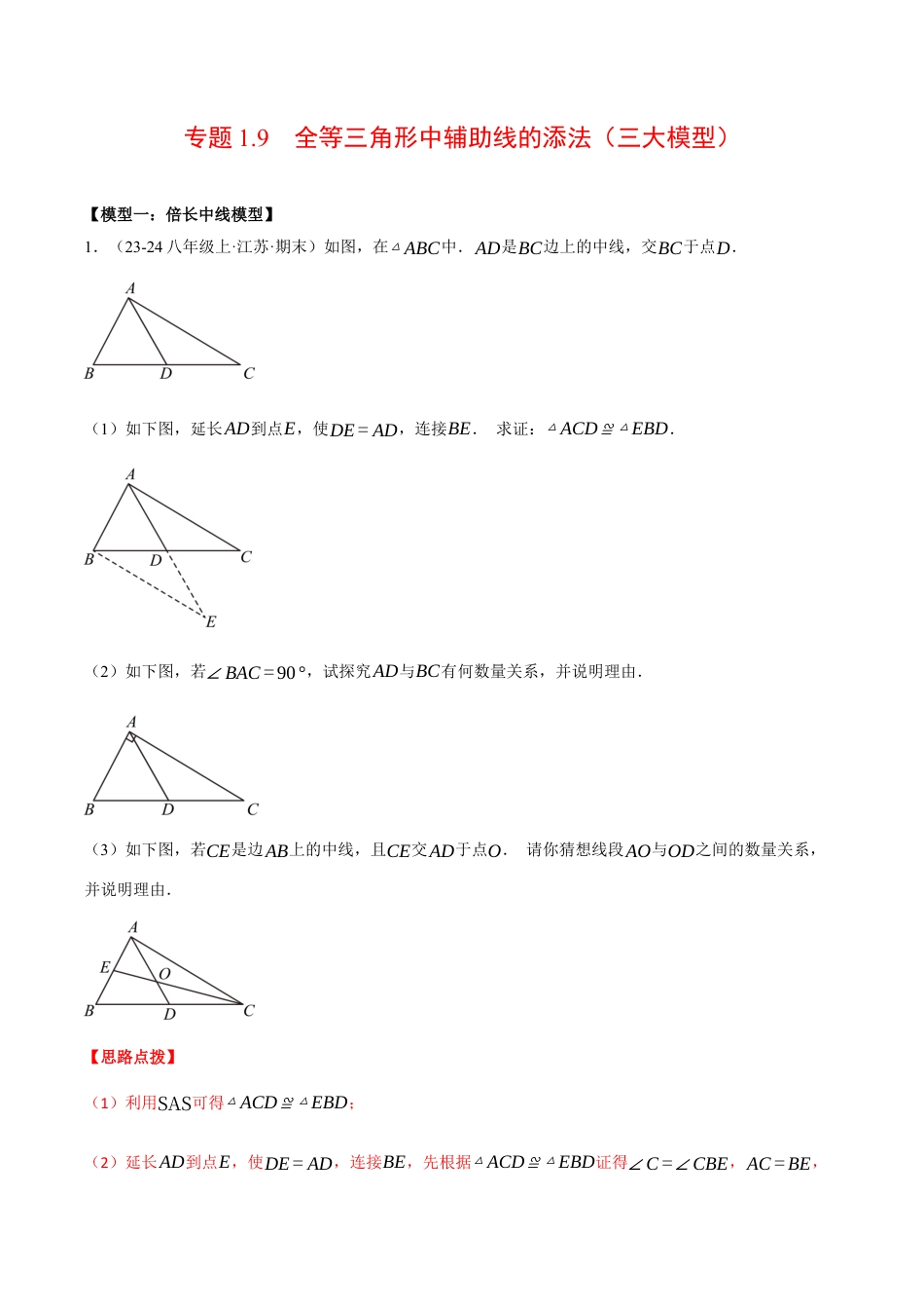 初中数学八年级上册2026年期末复习系列-专题1.9 全等三角形中辅助线的添法（三大模型）（压轴题专项讲练）（解析版）.docx_第1页