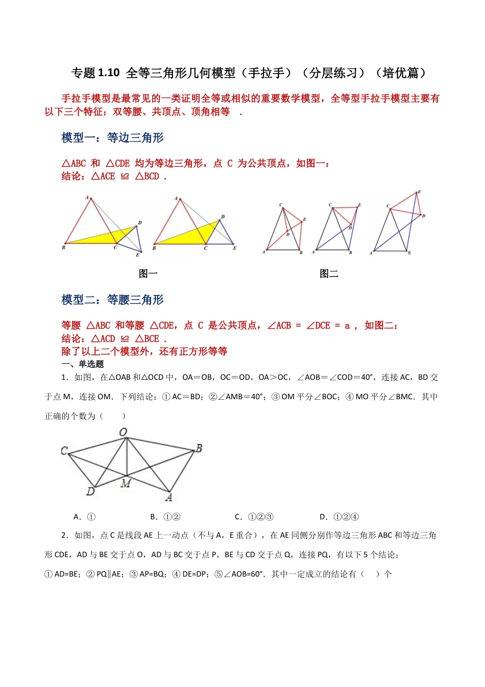 初中数学八年级上册2026年期末复习系列-专题1.10 全等三角形几何模型（手拉手）（分层练习）（培优篇）-.docx_第1页