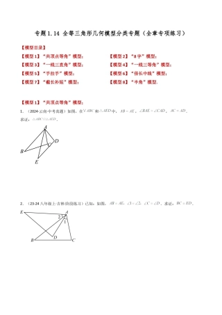 初中数学八年级上册2026年期末复习系列-专题1.14 全等三角形几何模型分类专题（全章专项练习）-.docx