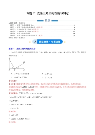 初中数学八年级上册2026年期末复习系列-专题02 直角三角形的性质与判定（专项训练）（解析版）.docx