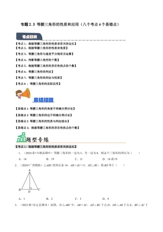 初中数学八年级上册2026年期末复习系列-专题2.3 等腰三角形的性质和应用（八个考点4个易错点）（题型专练+易错精练）（无答案）.docx