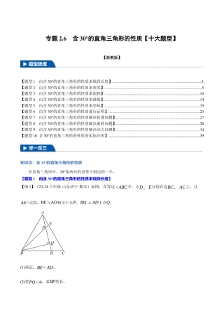初中数学八年级上册2026年期末复习系列-专题2.6 含30°的直角三角形的性质（十大题型）（举一反三）（解析版）.docx