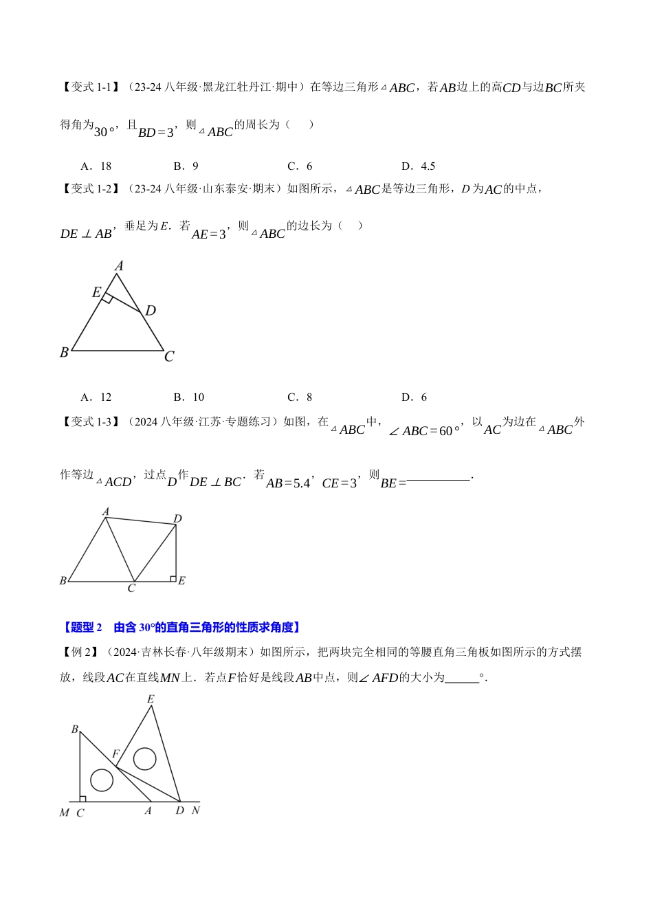 初中数学八年级上册2026年期末复习系列-专题2.6 含30°的直角三角形的性质（十大题型）（举一反三）（无答案）.docx_第2页