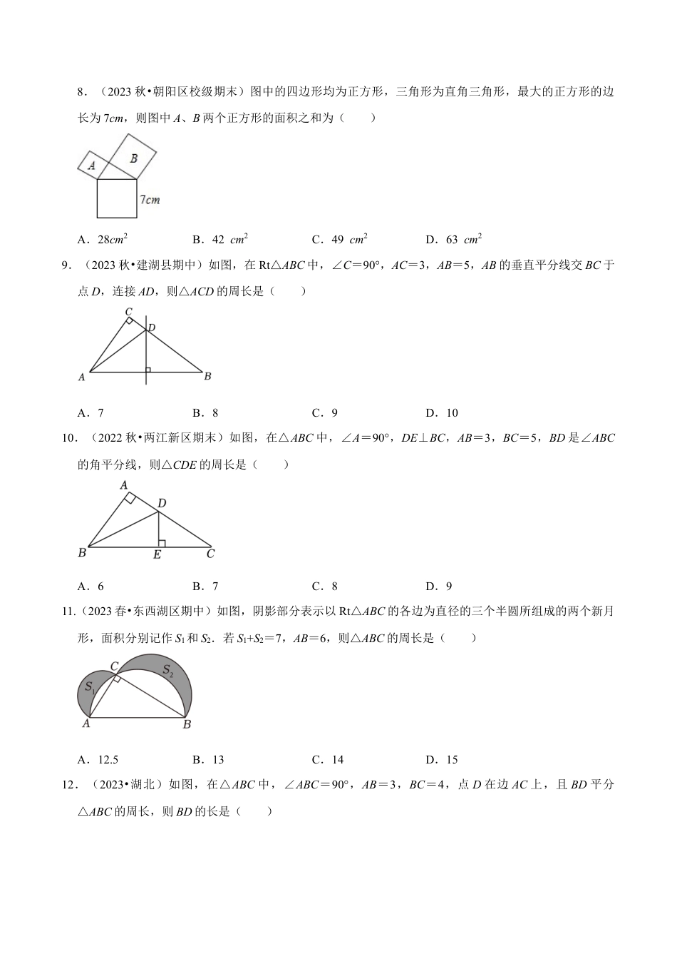 初中数学八年级上册2026年期末复习系列-专题2.7 探索勾股定理及勾股定理的逆定理（八个考点2个易错点）（题型专练+易错精练）（无答案）.docx_第3页