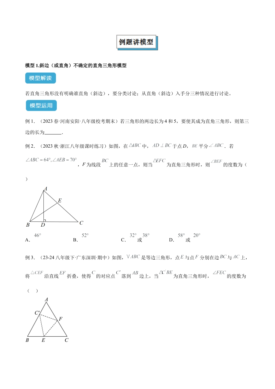 初中数学八年级上册2026年期末复习系列-专题14 直角三角形中的分类讨论模型解读与提分精练（无答案）.docx_第2页