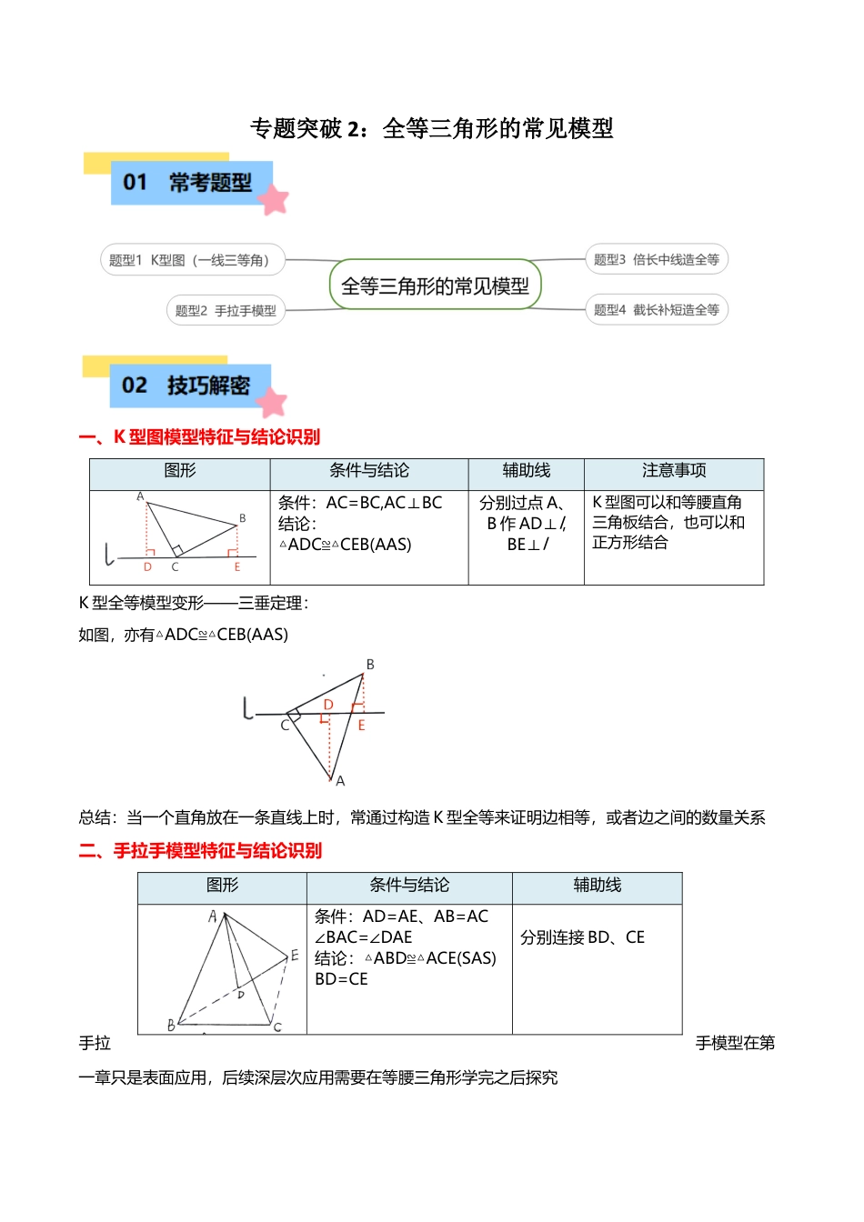 初中数学八年级上册2026年期末复习系列-专题突破1-2全等三角形的常见模型练习（4大题型）（无答案）.docx_第1页