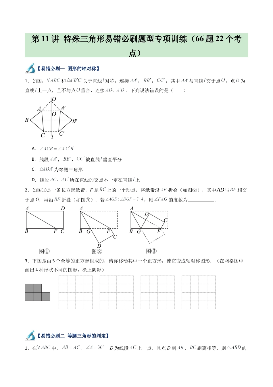 浙教版数学2026年八年级上册-第11讲 特殊三角形易错必刷题型专项训练（66题22个考点）（无答案）.docx_第1页