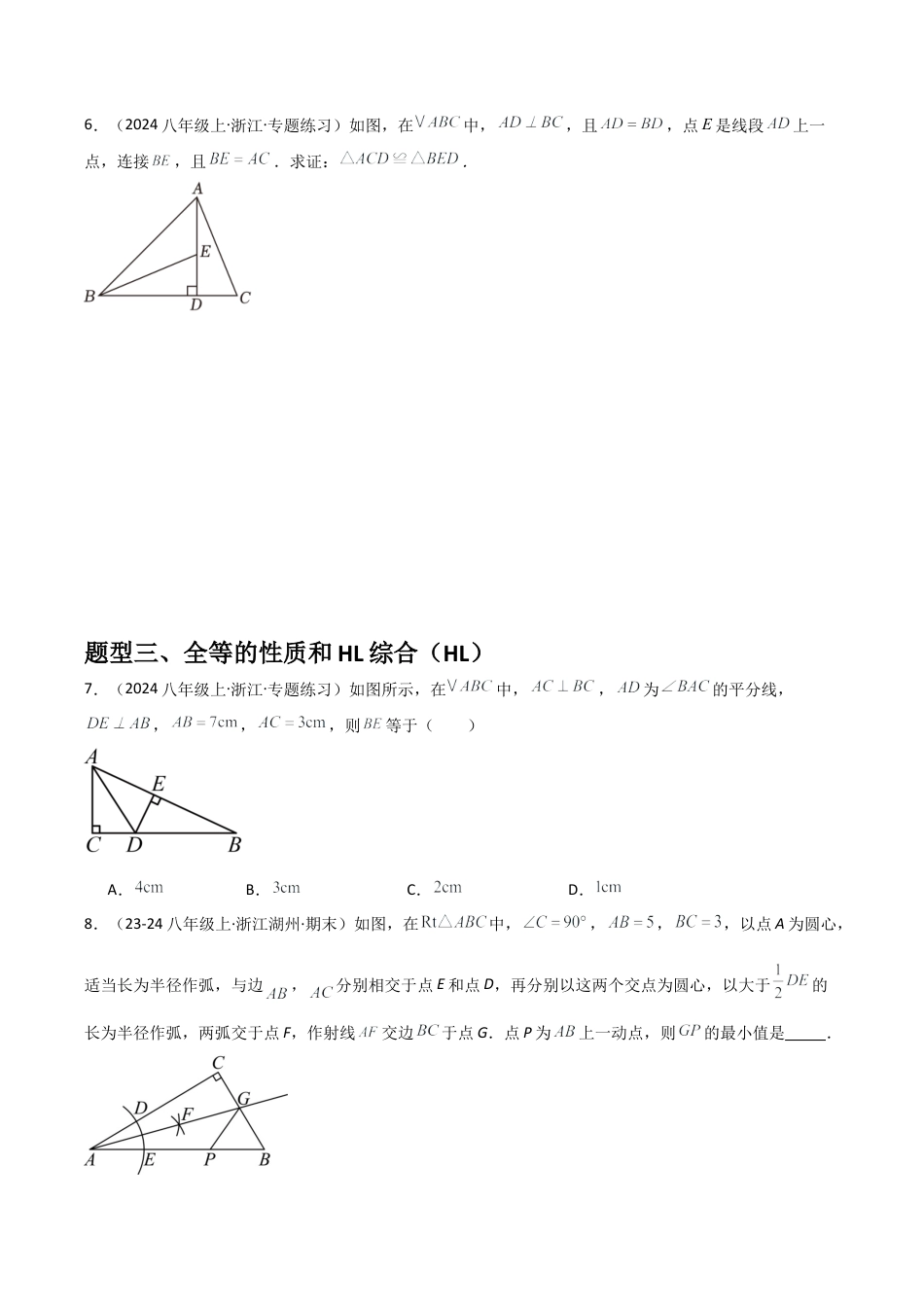 浙教版数学2026年八年级上册-第13讲 直角三角形全等的判定（1个知识点+3种题型+分层练习）（无答案）.docx_第3页