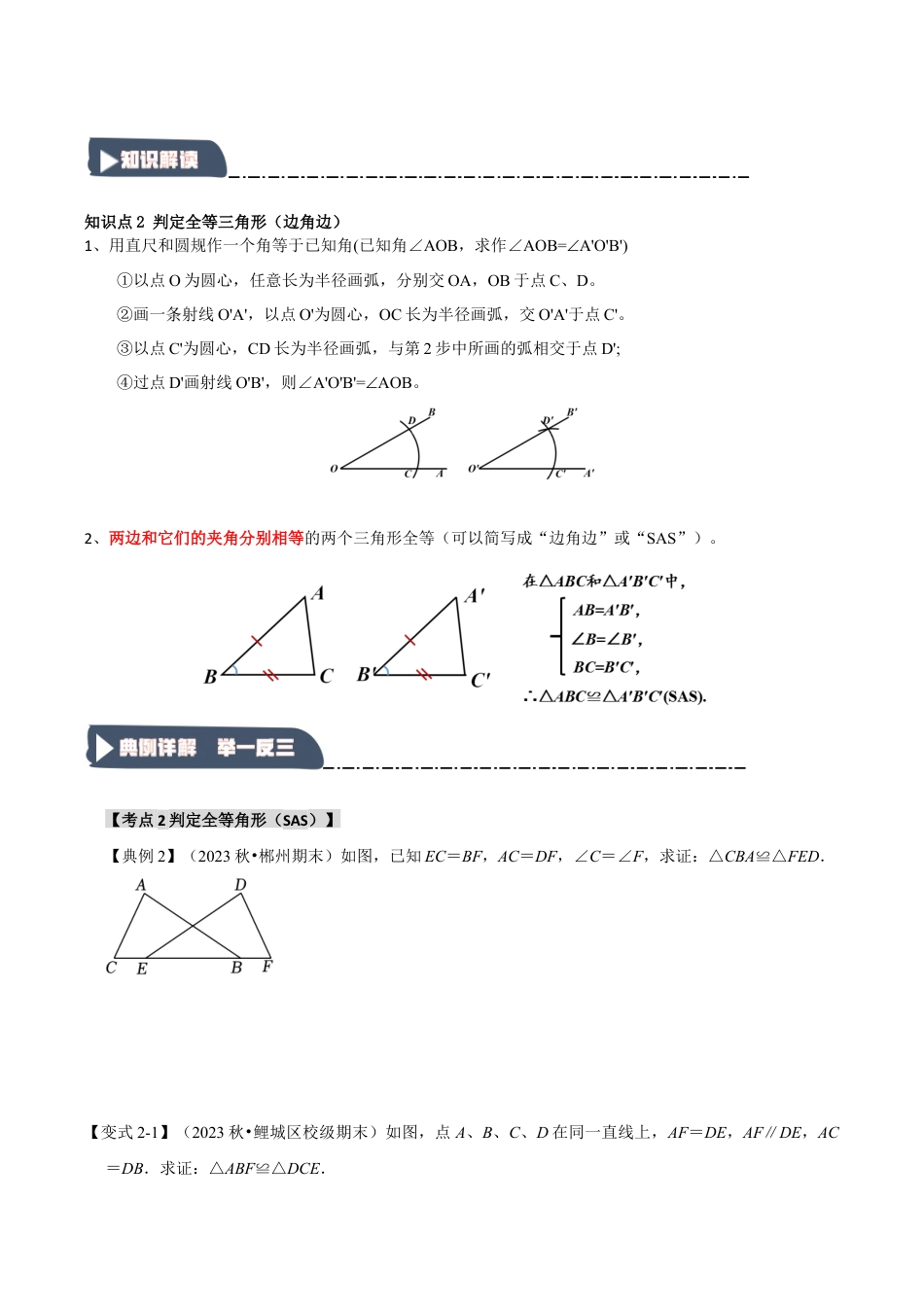 浙教版数学八年级上册-1.4 探索三角形全等的条件（知识解读+达标检测）（无答案）.docx_第3页
