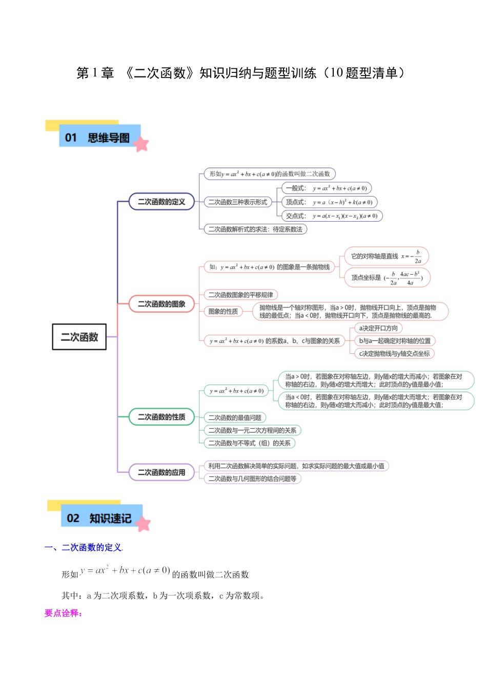 数学九年级上册-知识点-第1章 二次函数知识归纳与题型训练（10类题型清单）（教师版）.docx_第1页