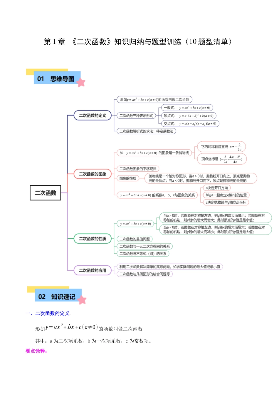 数学九年级上册-知识点-第1章 二次函数知识归纳与题型训练（10类题型清单）（学生版）.docx_第1页