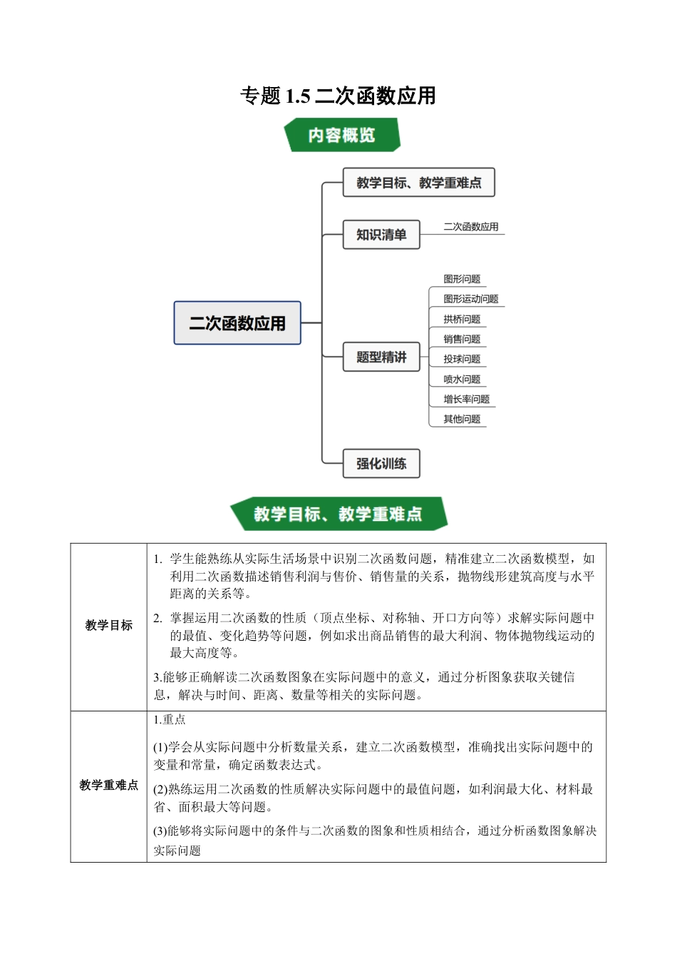 2026年九年级上册-同步讲义-专题1.5 二次函数的应用（高效培优讲义）（学生版）.docx_第1页