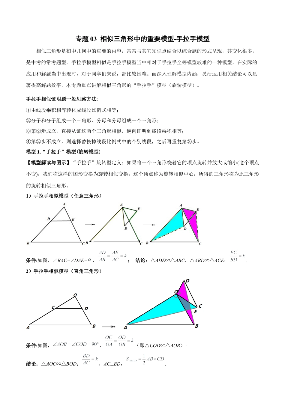 浙教版九年级数学上册-几何模型专训-专题03 相似三角形中的重要模型-手拉手模型（教师版）.docx_第1页