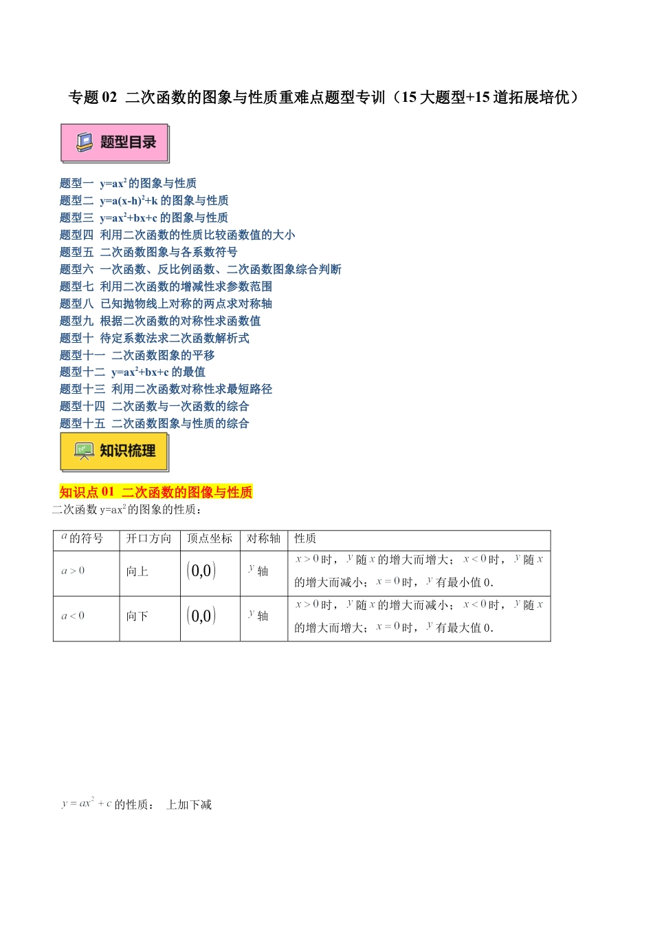 2026年初中数学九上-难点突破-专题02 二次函数的图象与性质重难点题型专训（15大题型+15道拓展培优）（学生版）.docx_第1页