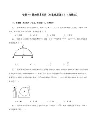 初中数学九上-专题练习-专题3.4 圆的基本性质（全章分层练习）（培优练）-（浙教版）.docx