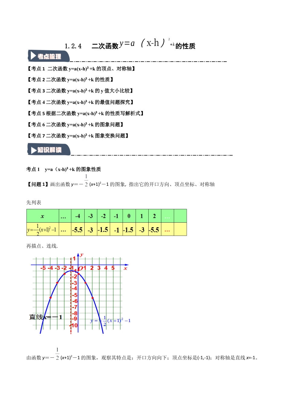 2026年九年级数学上册-题型专练-1.2.4 二次函数y=a(x-h)2+k的图象和性质（知识解读+达标检测）（教师版）.docx_第1页