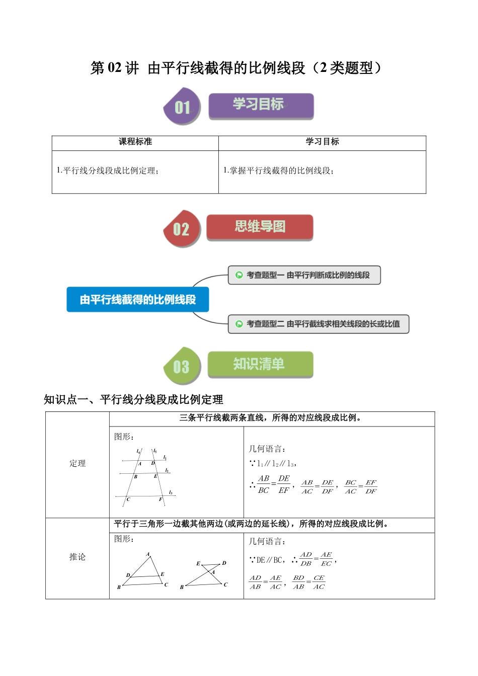 初中数学九年级上-同步教学课堂-第02讲 由平行线截得的比例线段（2类题型）（学生版）.docx_第1页