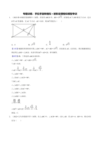 数学九年级上册-知识点-专题训练：手拉手旋转相似＋射影定理相似模型专训（教师版）.docx