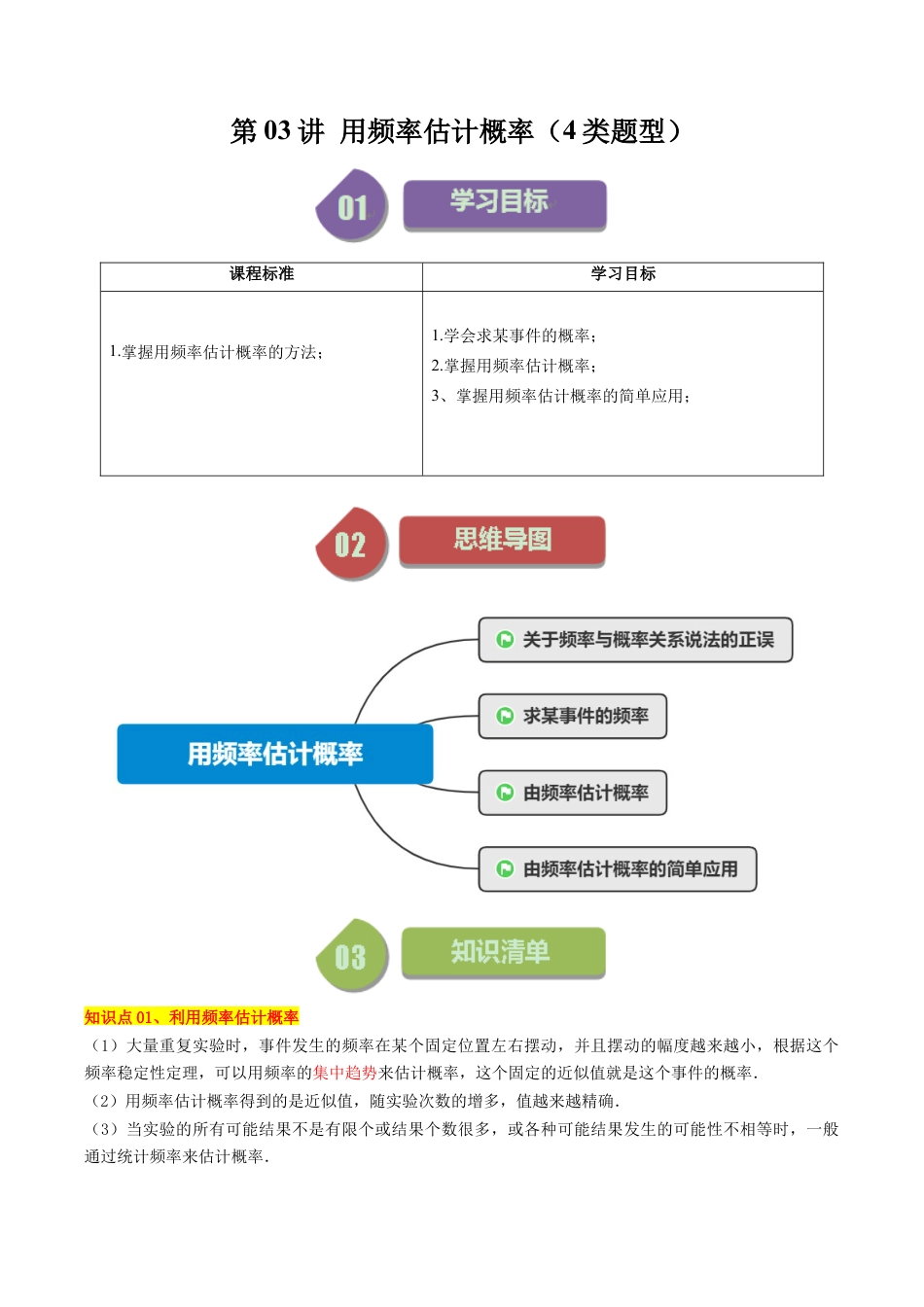 初中数学九年级上-同步教学课堂-第03讲 用频率估计概率（4类题型）（学生版）.docx_第1页