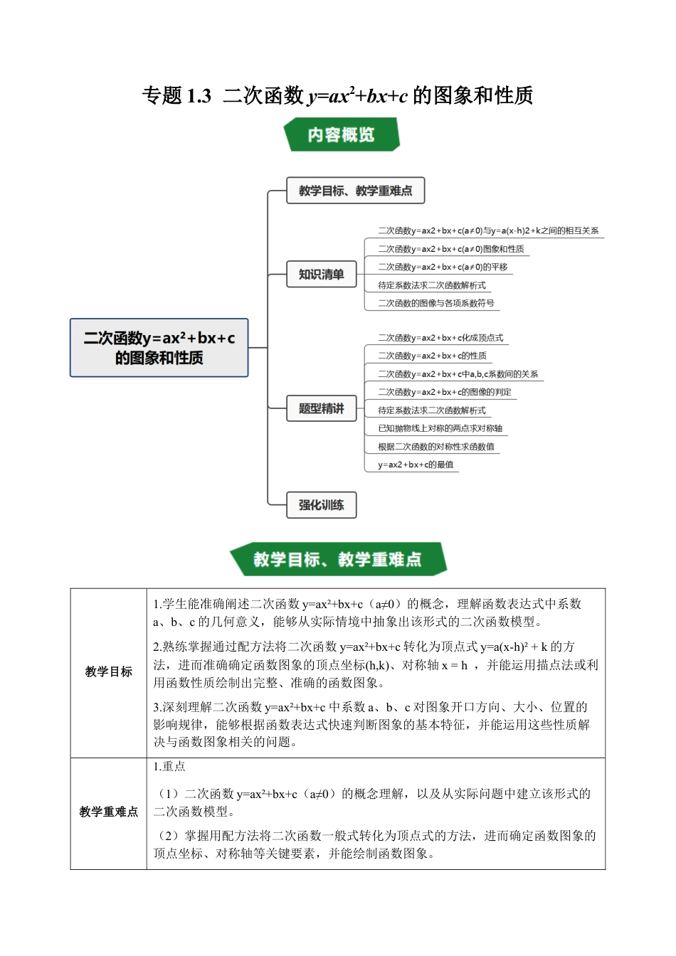 2026年九年级上册-同步讲义-专题1.3 二次函数y=ax²+bx+c的图象和性质（高效培优讲义）（学生版）.docx_第1页
