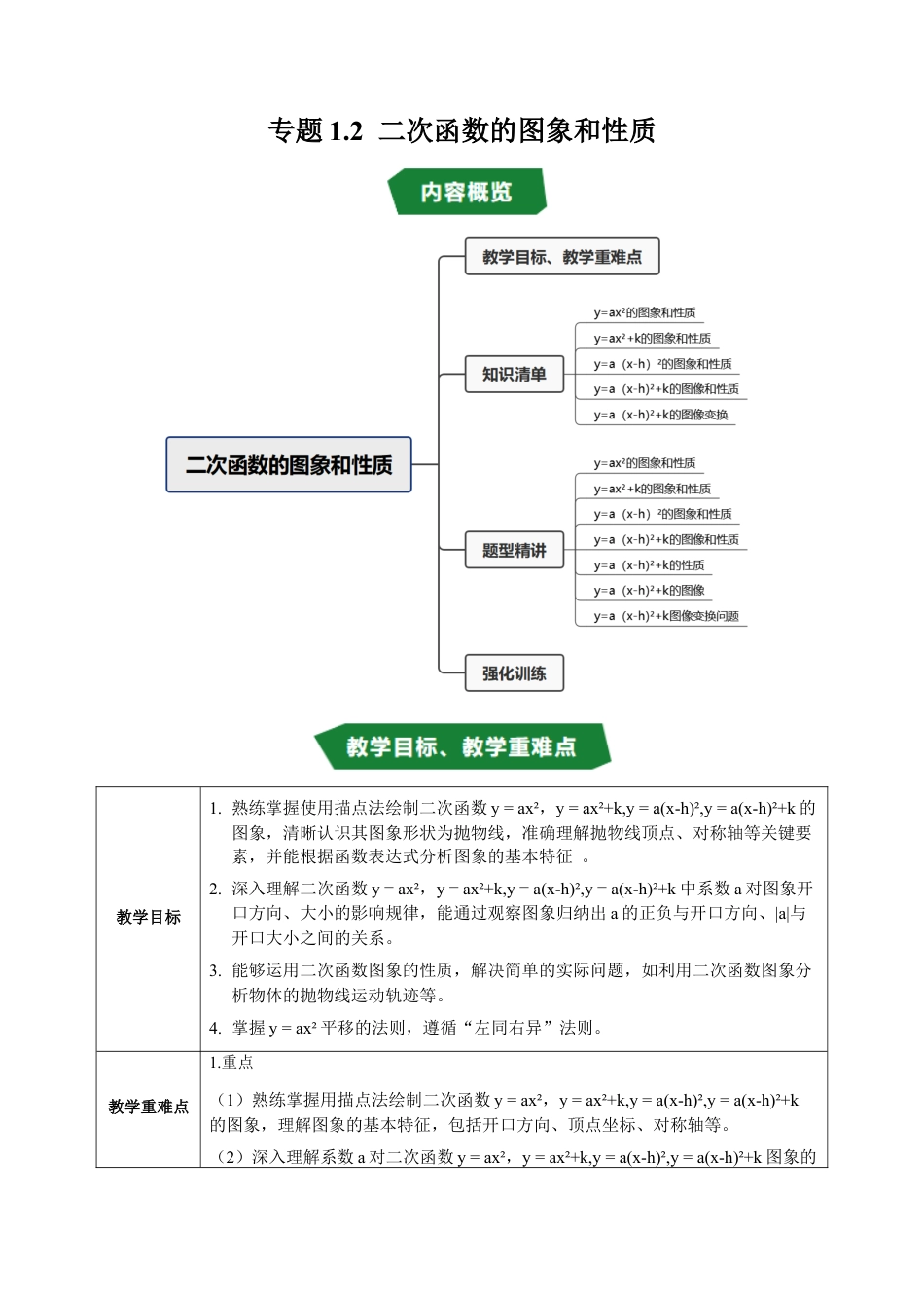 2026年九年级上册-同步讲义-专题1.2 二次函数的图象和性质（高效培优讲义）（学生版）.docx_第1页