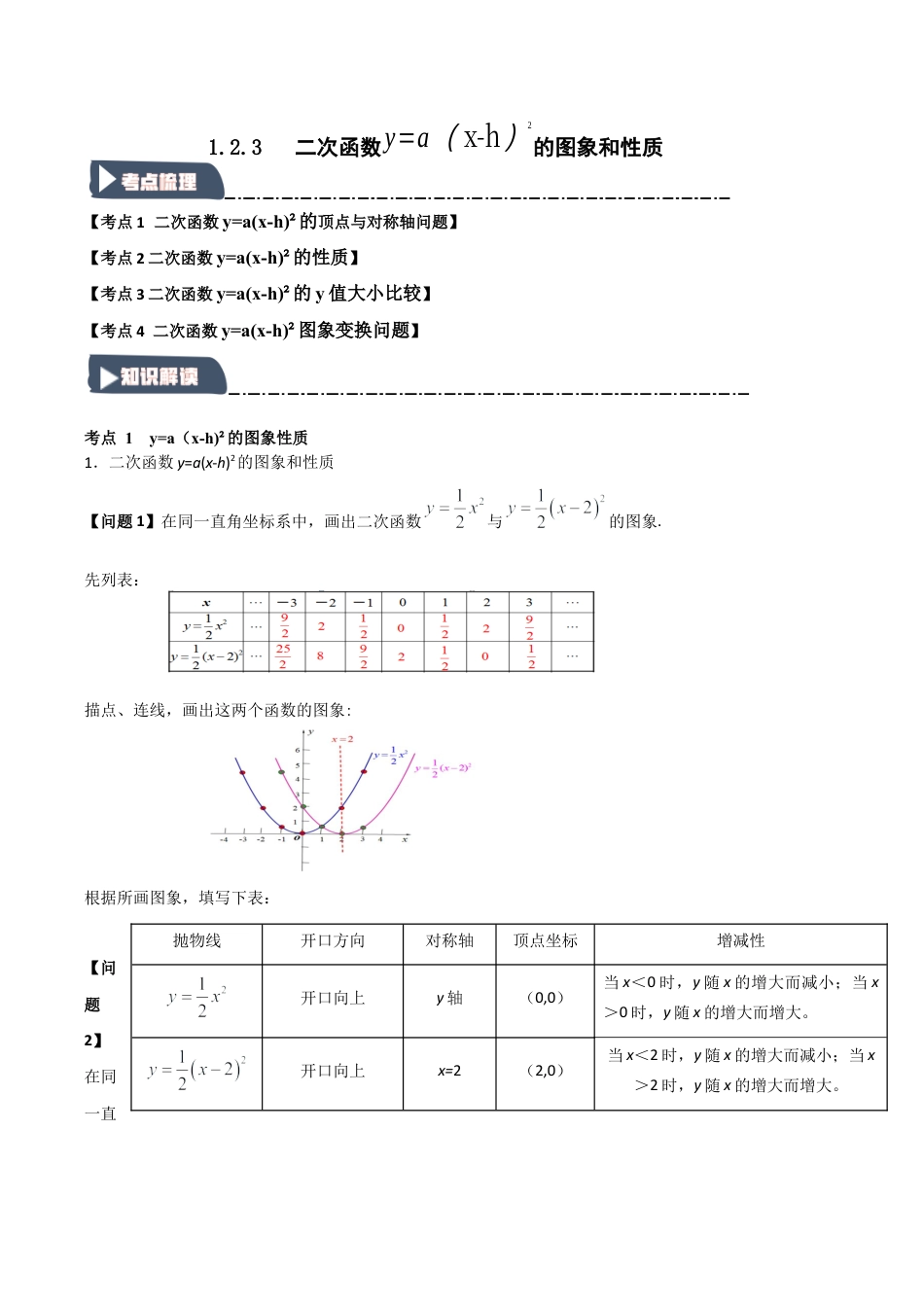 2026年九年级数学上册-题型专练-1.2.3 二次函数y=a(x-h)2的图象和性质（知识解读+达标检测）（学生版）.docx_第1页