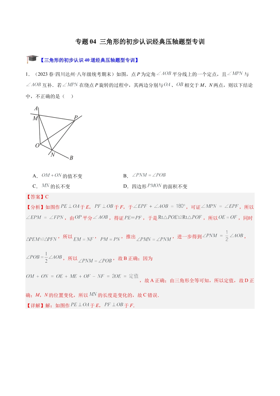 初中数学八年级上册2026年期末复习系列-专题04 三角形的初步认识经典压轴题型专训（解析版）.docx_第1页