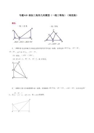 初中数学九上-专题练习-专题4.9 相似三角形几何模型（一线三等角）（培优练）-（浙教版）.docx
