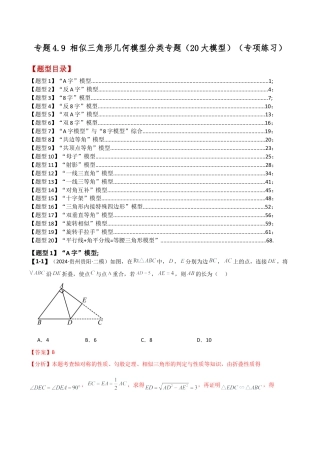 2026年数学九年级上-专题练习-专题4.9 相似三角形几何模型分类专题（20大模型）（模型梳理与题型分类讲解）（浙教版）（教师版）.docx