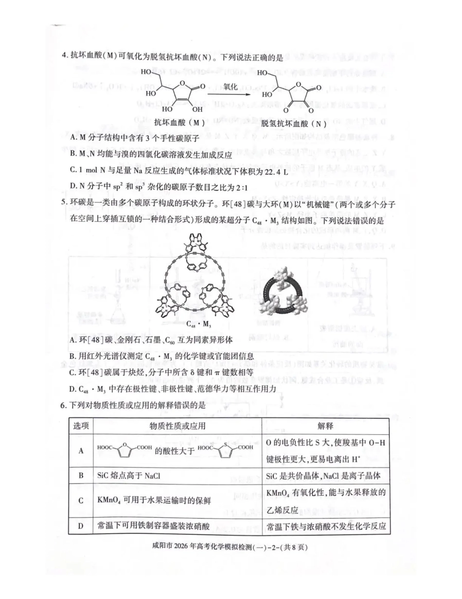 陕西省咸阳市2026年高考模拟检测（一）化学试卷（含答案）.pdf_第2页