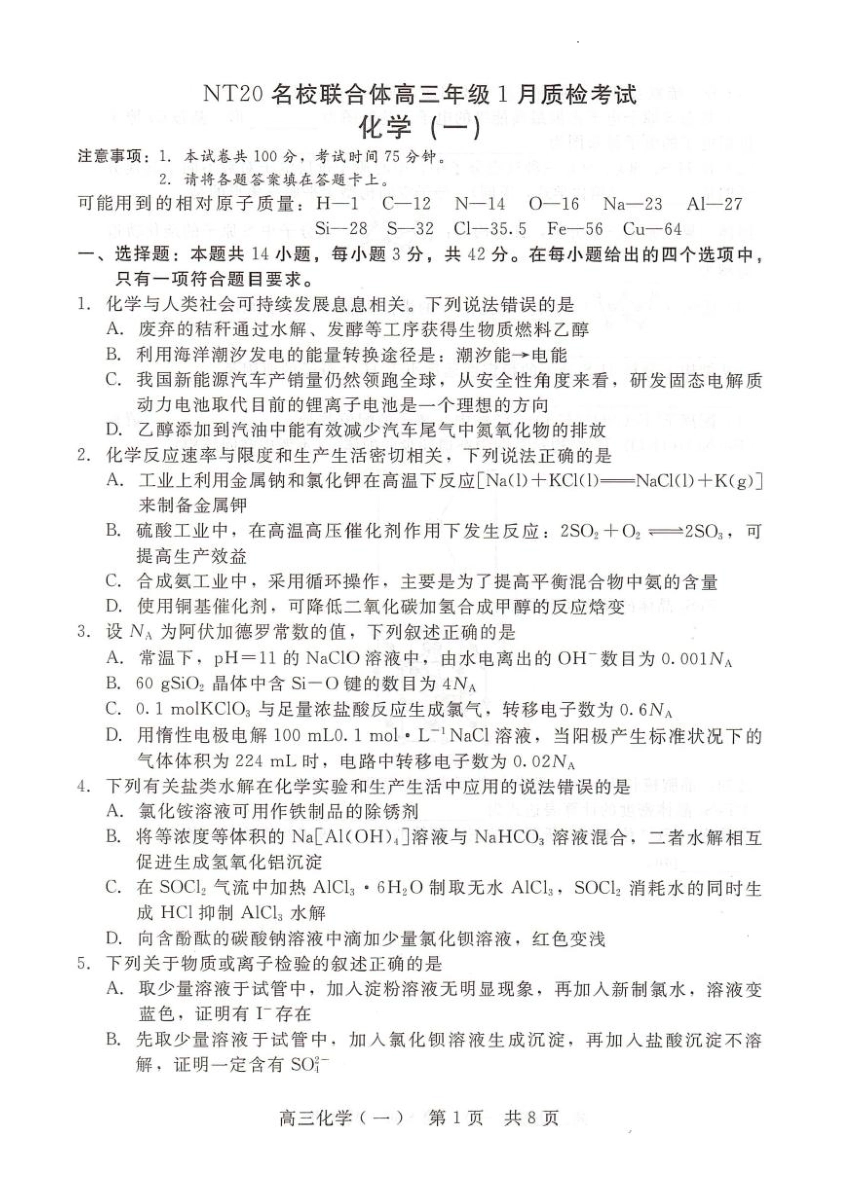 河北省NT20名校联合体高三年级1月质检考试化学试题（含答案）.pdf_第1页