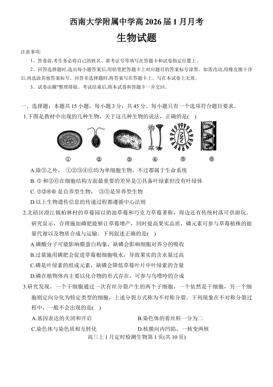 重庆市西南大学附属中学2025-2026学年高三上学期1月月考生物试题（含答案）.docx_第1页
