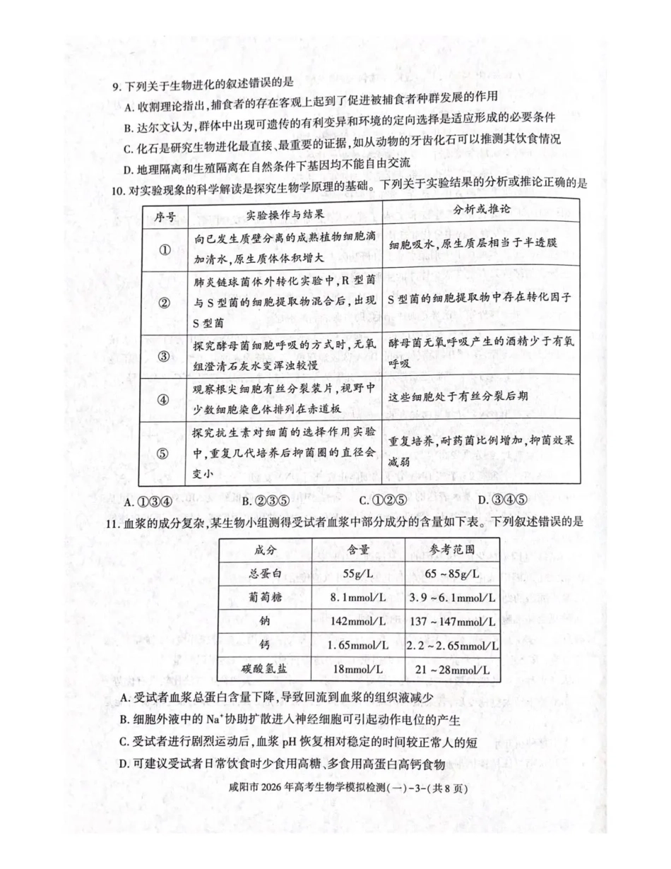 陕西省咸阳市2026年高考模拟检测（一）生物试卷（含答案）.pdf_第3页