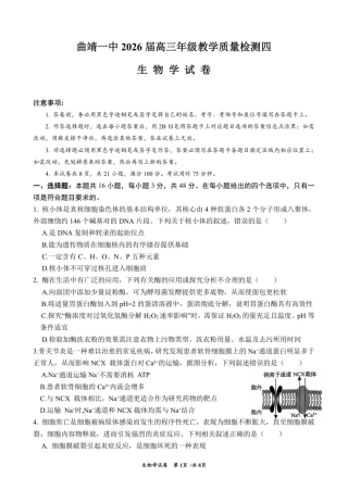 云南省曲靖市第一中学2025-2026学年高三上学期教学质量检测四生物学试题（含答案）.pdf