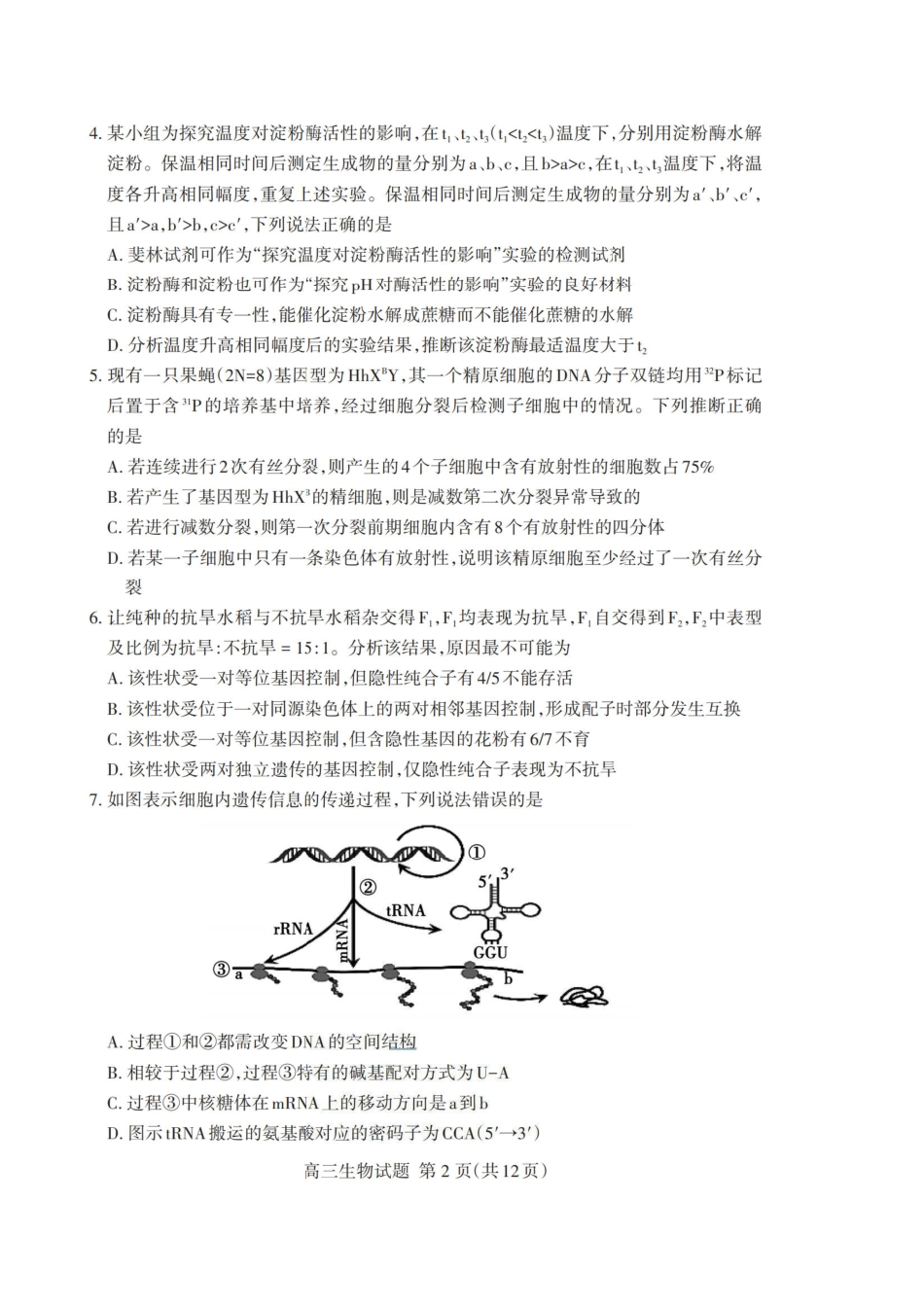 山东省泰安市2026年1月高三期末考试生物试题及答案.pdf_第2页